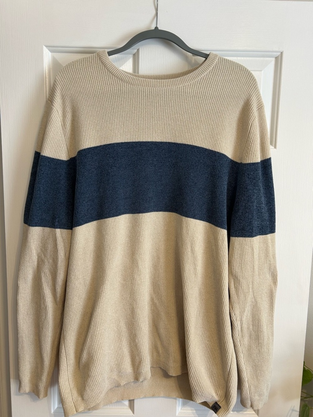 The Normal Brand Beige Crewneck Sweater with Navy Chest Stripe